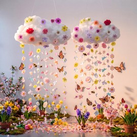 Wettarn 2 Sets 3D Hanging Cloud Decorations with Artificial Floating Flower Garland 11.8-13.8 Inch Simulated Cotton Artificial Cloud Props for Ceiling Classroom Baby Shower Nursery Wedding