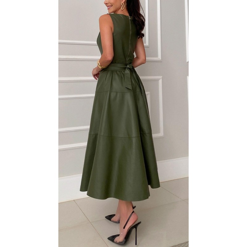 CHARTOU Women PU Faux Leather Sleeveless Elegant Flowy Long Dress