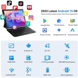 Android Tablet 10 inch, Android 15 Tablet with Keyboard, Mouse, 4G LTE Cellular, IPS Display, Gemini AI, MediaTek Octa Core Processor, 12GB+64GB, 2TB Expandable,5G Wi-Fi, GPS, 2-in-1 Tablets with Case