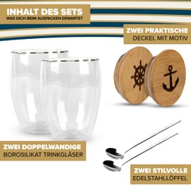 Hanse Pioneer Latte Macchiato Glasses 350 ml - 2 Double-Walled Glasses in Elegant Design - Mouth-Blown Thermal Glass with Floating Effect - Premium Coffee and Tea Glasses with Bamboo Lid and Stainless