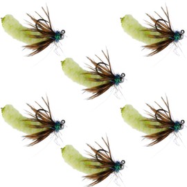 The Fly Fishing Place Tungsten Bead Chartreuse Mop Fly Tactical Jig Czech Euro Nymph Barbless Nymphing Fly - 6 Flies Size 14
