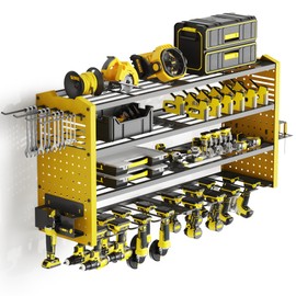 Tomorotec 4-Layer Wall-Mounted Power Tool Storage Rack, Heavy-Duty Steel Drill Organizer with Adjustable Shelves & Side Hooks for Toolbox, Easy Installation Garage & Workshop Storage (Yellow)