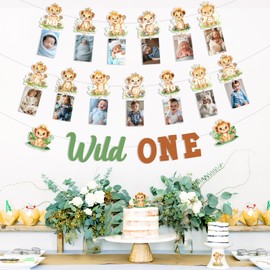 kreat4joy Lion 1st Birthday Decoration, Wild One Birthday Decoration Banner Lion Theme Newborn To 12 Months Growth Record Photo Banner for Jungle Safari Wild Animal 1st First Birthday Decoration