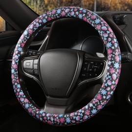 SthExtra Leather Steering Wheel Cover for Men Women with Upgraded Silicone Inner Ring, Non-Slip, Breathable, Odorless, Universal 14.5-15 Inch (Floral Print, Silicone Leather)