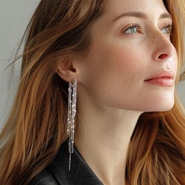 Hius Silver Long Tassel Earrings for Women, 18K Gold Plated Dangle Drop Chain Earrings, Statement Silver Chandelier Fringe Earrings, Elegant Sparkly Hanging Earrings