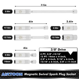 AIRTOON 7-Piece 3/8 Inch Drive Magnetic Swivel Spark Plug Socket Set, Includes 9/16-inch, 5/8-inch, 13/16-inch, 14mm, Enhanced Magnetic Design with Thin Wall Socket, Cr-v Steel, 6-Point &12-Point