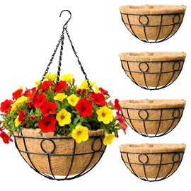 JFFLYIT 4 Pack 14" Round Metal Hanging Basket for Outdoor Plants Durable Large Hanging Planter with Coco Coir Round Plant Holders Planter for Outside Garden Decoration (Circular)