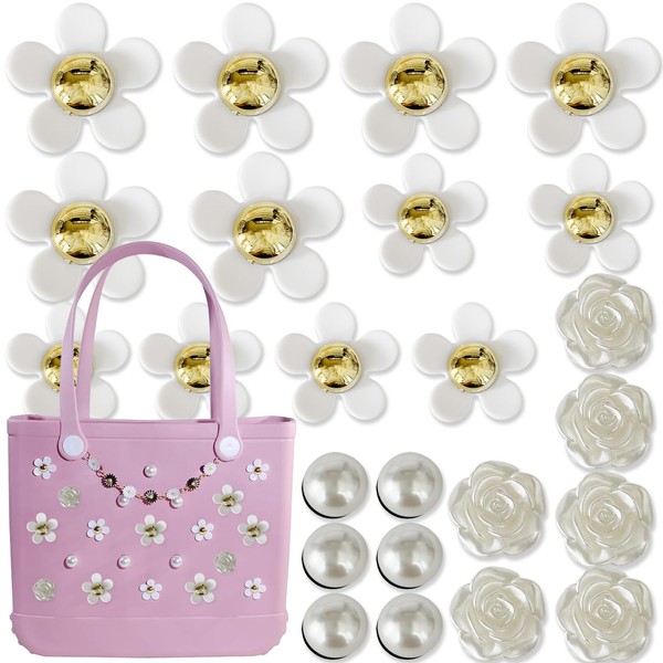 Szcelling 24Pcs Flower Charms for Bogg Bag Accessories 6 Pearls