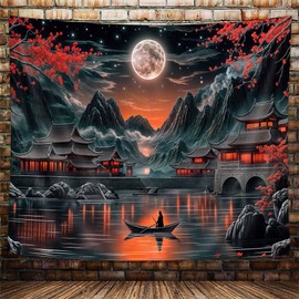 Japanese Anime Tapestry, Cool Red and Black Dark Nature Mountain Tapestry for Bedroom Aesthetic, Asian Cherry Blossom Tapestries Poster Backdrop for Living Room College Dorm Home Decor, 60X50in