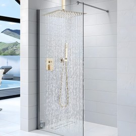 Shower Faucet Set Rain Shower System with 10 Inches Rain Shower Head and Handheld Spray, Bathroom Shower Fixtures Brushed Gold Shower Kit with Brass Valve,Ceiling Mounted