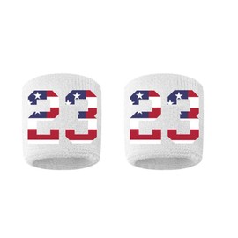 Custom Player Number Sweatband Wristband White w/USA American Flag Number - Pick Your Number (23)