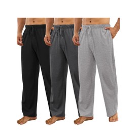 Wenouy 3 Pack Mens Cotton Pajama Pants Lounge Pj Bottoms for Men, Lightweight Sleep Pants with Pockets & Drawstring Medium Dark Gray, Black and Light Gray