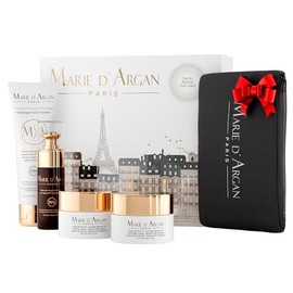 Marie d'Argan Kit Facial Antiedad 5 Piezas, Crema De Día Y Noche Con Oro 24K, Sérum Tensor, Limpiador Facial De Champagne Y Cosmetiquera, Rutina Skincare Para Firmeza, Hidratación Y Luminosidad