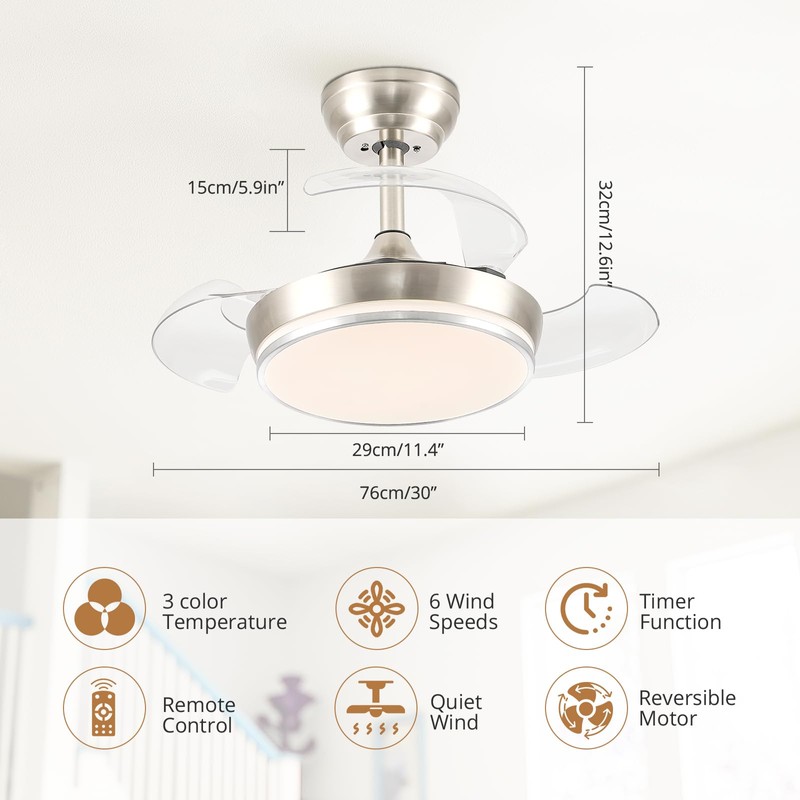STERREN 30" Retractable Ceiling Fans with Lights, Dimmable LED Ceiling