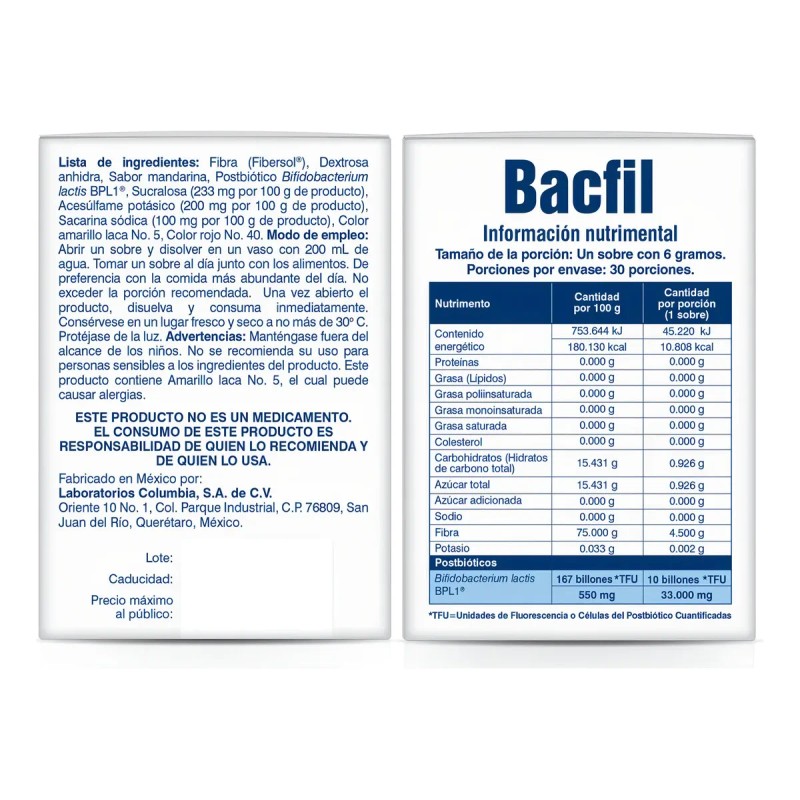 Bacfil Polvo Sabor Mandarina 30 Sobres Antiaterom
