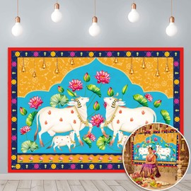 Indian Lotus Cow Pooja Pichwai Backdrop Traditional India Orange Pooja Lotus Diwali Festival Photography Background India Pooja Wedding Housewarming Diwali Baby Shower Home Decoration (7x5FT)