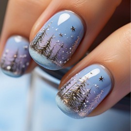 24 Pcs Christmas Press on Nails Short Square Fake Winter Golden Xmas Tree Designs Sparkly False Glossy Full Cover Acrylic Christmas Stick on for Women Manicure Decoration