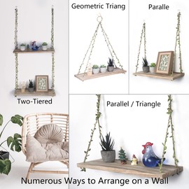MITIME Hanging Shelves for Indoor Wall and Window - Floating Wall Shelves for Plant Display, Boho Style Home Decor.(Leaf Rope, Light Color,Large*2)
