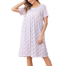 Vlazom Women's Nighties Button Front Long Nightdress Pleated Lace Nightgowns Luxury Soft Touch Nightgshirt with Pockets,Red Flower,M