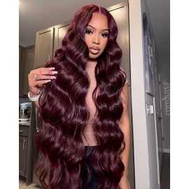 Alimoonbeam 28 Inch 99J Burgundy T Part Lace Front Wigs Human Hair Red Burgundy Wig Human Hair HD Body Wave Lace Front Wigs 180 Density Pre Plucked Glueless Frontal Wigs Human Hair for Women