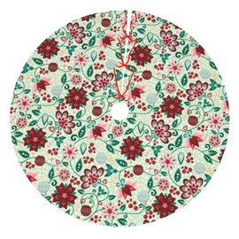 Retro Christmas Flowers Christmas Tree Skirt 48 Inches Xmas Tree Mat Holiday Party Supplies Christmas Tree Decorations