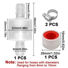 LPZMPZ Plastic Disposable Inline Ozone Check Valve for Hose from 9 to 10 mm Diameter Aquarium Water Fuel Gas Air Water with 2 Hose Clamps