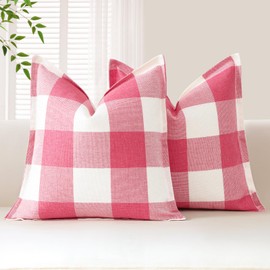 Sungeek Set of 2 Buffalo Plaid Tartan Cushion Covers, Decorative Cushion Covers, Christmas Checked Cushion Cover, Decorative Cushion Cover for Sofa, Bedroom, Living Room, 40 x 40 cm (Pink)