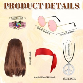 UxClishe 5 Pcs Hippie Accessories for Men, 70s Disco Style 60s Outfit 80s Fancy Dress with Hippie Wig Sunglasses Hippie Fancy Dress Kit for Party Supplies (Tie Dye Style)