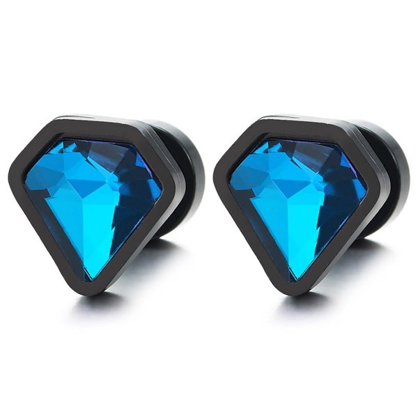 Mens Womens Black Stud Earrings with Blue Diamond-Shaped Crystal, Steel