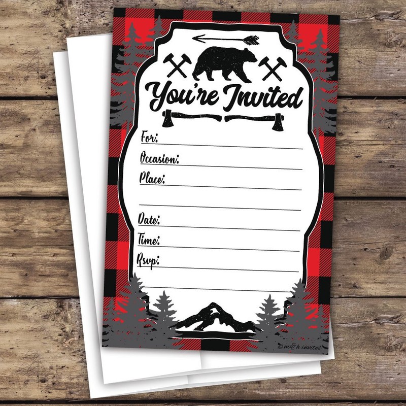 Lumberjack Rustic Birthday Party or Baby Shower Invitations (20 Count)