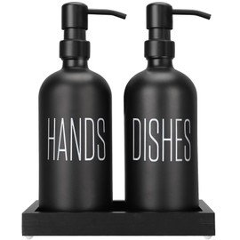 Black Soap Dispenser Set， Hand Soap Dispenser and Dish Soap Dispenser for Kitchen， Glass Kitchen Soap Dispenser Set with Pump， for farmohouse Kitchen Counter Décor