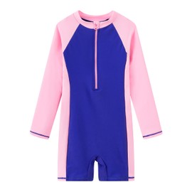 LIBREDGE Girls Rash Guard Long Sleeve One Piece Swimsuits Zipper Bathing Suits UPF 50+ Sun Protection(5-6Y) Dark Blue,Pink