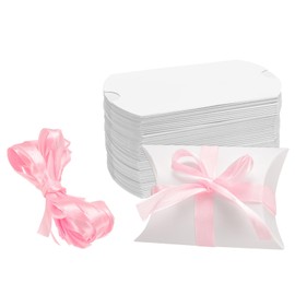 uxcell 50Pcs Pillow Boxes 3.5 x 2.8 x 1 Inch Gift Boxes with Ribbons, Presents Paper Candy Favor Boxes for Gift Wrap Wedding Birthday Party, White