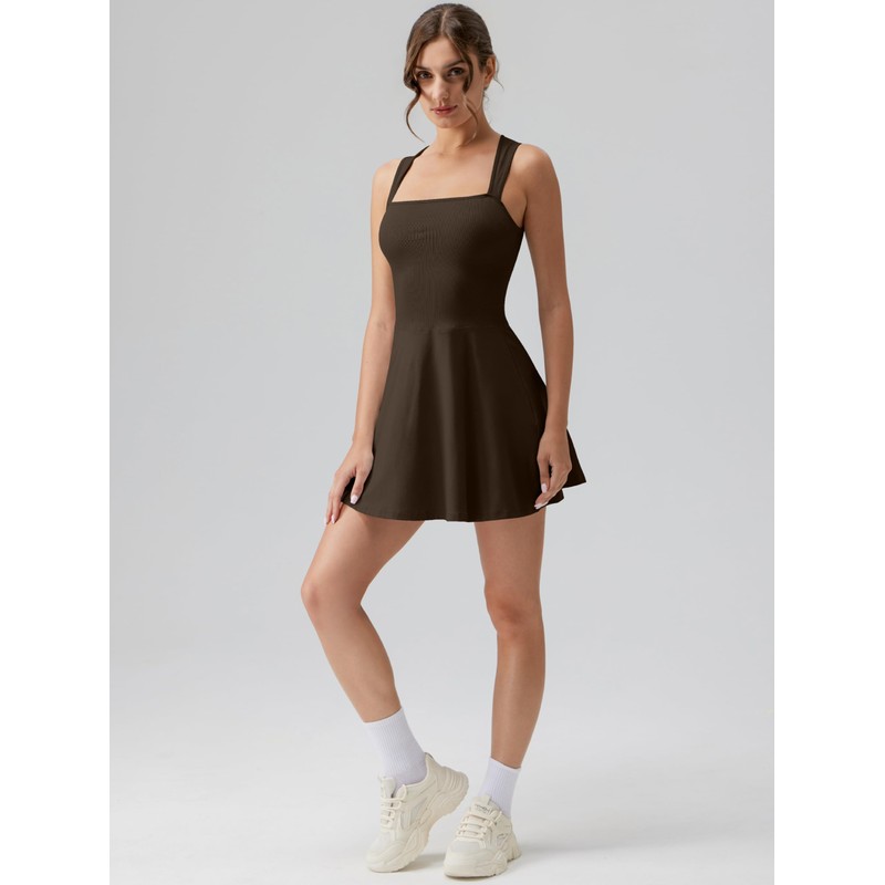 OQQ Women's Square Neck A-line Dress Sleeveless Tank Top Stretch