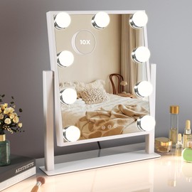 LuxeVue Vanity Mirror with Lights, Lighted Makeup Mirror with Smart Touch Control 3 Colors 9 Dimmable Bulbs, Hollywood Mirror with Lights Detachable 10X Magnification 360° Rotation, White