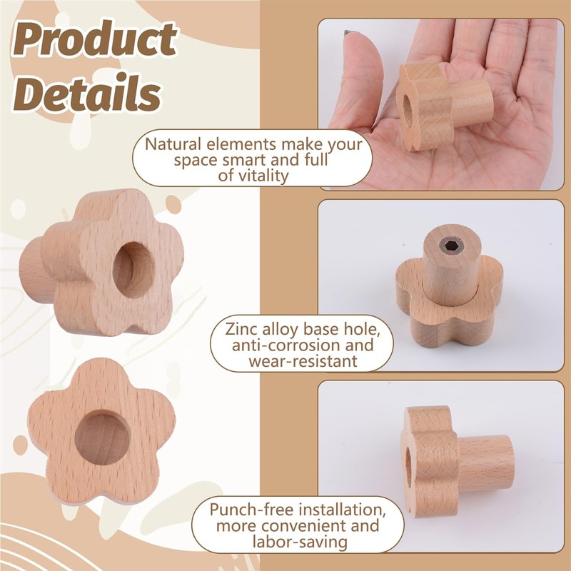MOROBOR 6 x Wooden Flower Shaped Cabinet Knobs Handmade with