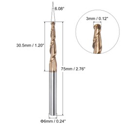 sourcing map Tapered Ball Nose End Mill, TiSiN Coated Solid Carbide 2 Flute Spiral Milling Cutter, 1.5mm Radius, 3mm Diameter, 6mm Shank, 75mm Length, 6.08 Degree Angle
