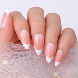 Makartt Press on Nails Kit: 24PCS White French Coffin Short Acrylic Fake Nail with Glue, Stick Adhesive Tabs, and Mini File, 12 Sizes for DIY Home Salon Manicure Use