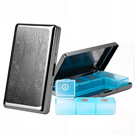 Pill Box 7 Days, Pill Box, 7-Day Dispenser Box Made of Metal with 3 Compartments, Tablet Organiser for Fish Oil/Dietary Supplements (Rectangular Black, Large Rectangle)