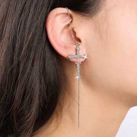 Yheakne Punk Cross Chain Dangle Earrings Long Crystal Sword Earrings Rhinestone Cross Pierced Earrings Silver Cross Sword Pierced Earrings Jewellery for Women and Girls, Zinc