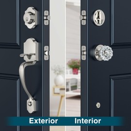 Calzibeno Brushed Nickel Front Door Handle and Deadbolt Set, Front Door Lock Set with Crystal Glass Door Knob, Exterior Door Lock Set with Single Cylinder, Reversible for Right & Left, Satin Nickel