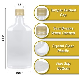 (24) Pellah 375 ml (12.7 Oz.) Plastic Flask PET clear bottle for beverage and liquor with Tamper Evident Caps(24 Pack) (Gold Caps)