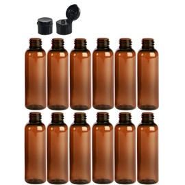 Premium Essential Oil 2 Ounce Cosmo Round Bottles, PET Plastic Empty Fillable BPA-Free, with Black Smooth Flip-Up Snap Caps (Pack of 12) (Amber)