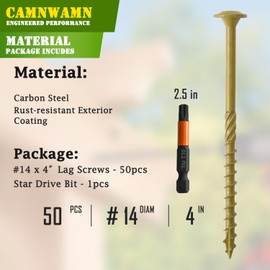 [Pack of 50] #14 x 4" Wood Structural Lag Screws, Bronze Coated Torx/Star Drive Heavy Duty Construction Wood Screw, Modified Truss Washer Head, Star Drive Bit Included.