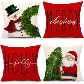 ALINK Red Christmas Pillow Covers 18x18 Set of 4 Farmhouse Christmas Decorations Snowman Wreath Santa Claus Tree Merry Christmas Holly Jolly Winter Holiday Decor Throw Cushion Case for Home Couch