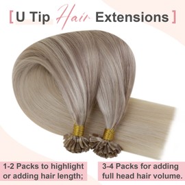 Easyouth U Tip Hair Extensions Human Hair Pre Bonded Hair Extensions Ombre Ash Blonde to Light Blonde Mixed Platinum Blonde Utips Human Hair Extensions Hot Fusion 50g 18inch