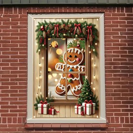 Saoplasa Christmas Party Banner 47x31 Inch Gingerbread Window Cover Holiday Decor Frosted Pane Scene with Christmas Tree and Gifts for Home Classroom Office Xmas Party Display