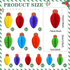 Trandraft 24 Pcs 3D Christmas Honeycomb Light Ball Ornaments Hanging 6/4inch Xmas Honeycomb Paper Light Bulb Ornament Ceiling Sign Xmas Rainbow Bulbs for Home Christmas Tree Party Decor