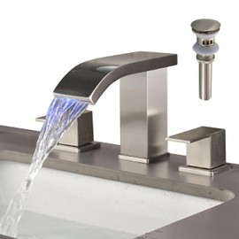 Bathroom Faucets Bathroom Faucet 3 Hole Waterfall Faucet Widespread Faucet Bathroom Vanity Faucet Bathroom Sink Faucet for 3 Hole with LED Light with Pop Up Drain and Supply Hose Brushed Nickel