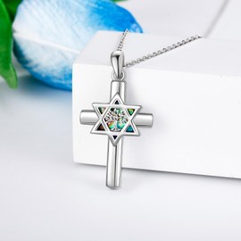 DAYLINLOVE Cross Star of David Necklace S925 Sterling Silver Abalone Shell Tree of Life Necklaces Star of David Pendant Christian Religious Jewelry Gifts for Women Men